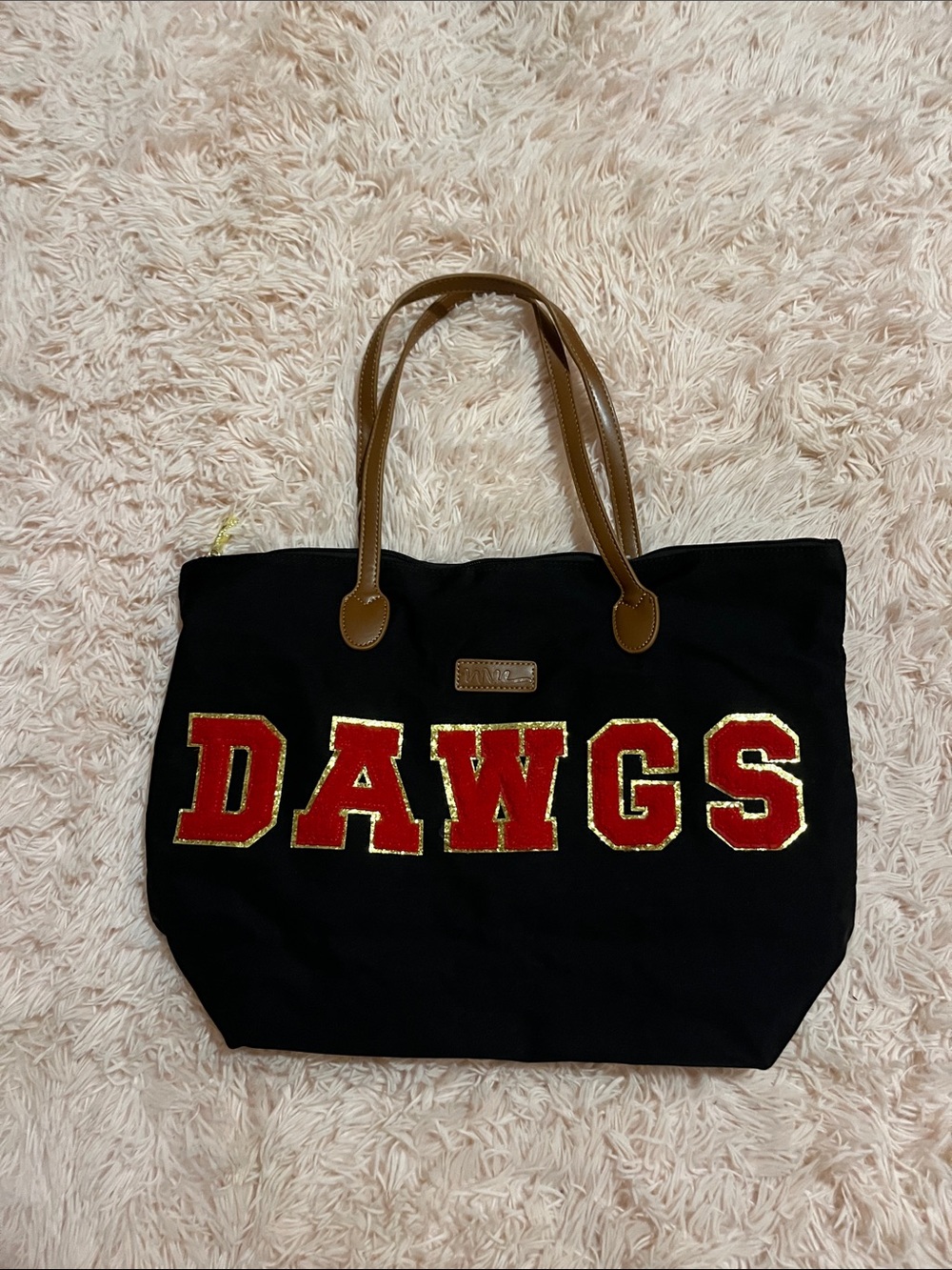 Black 'DAWGS' Canvas Tote with Brown Handles